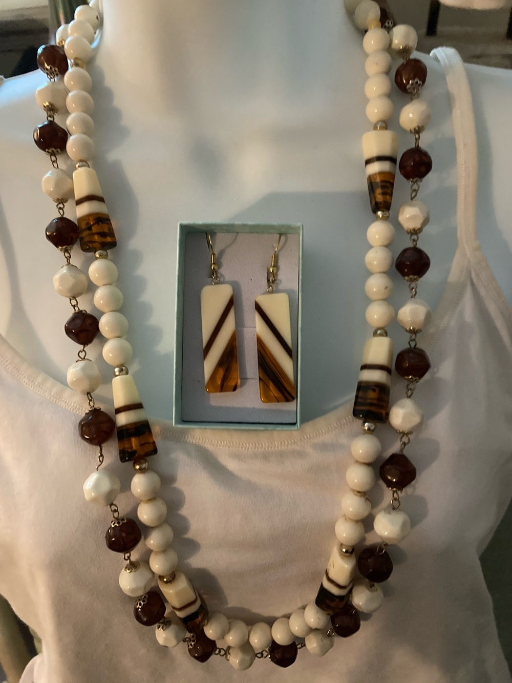 Fashion ensemble- brown white necklaces and earrings